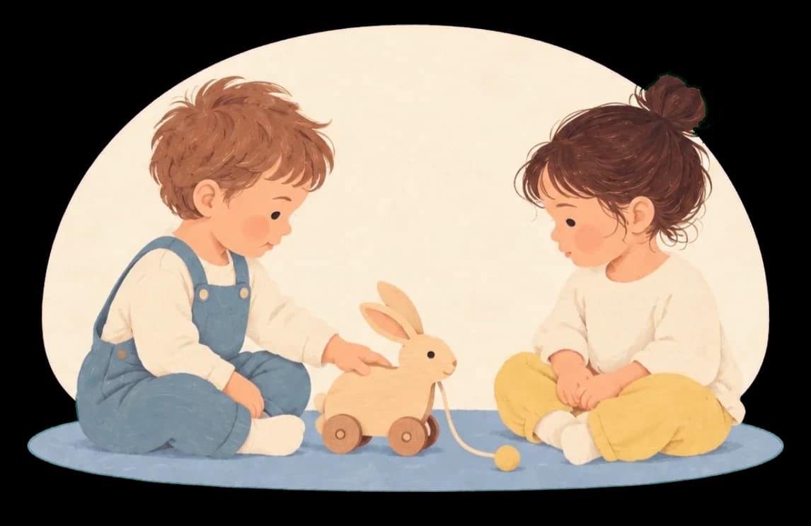 Two toddlers playing with a wooden bunny